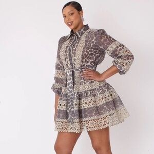 For Her NYC Leopard Lace Trim Shirt Dress – Elegant Tiered Mini Dress with Belt